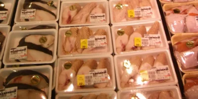 Koelvitrine met verpakt haaienvlees in de supermarkt