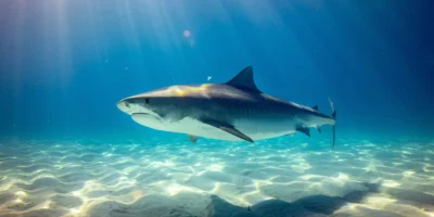 Tijgerhaai galeocerdo cuvier in het blauw boven zand