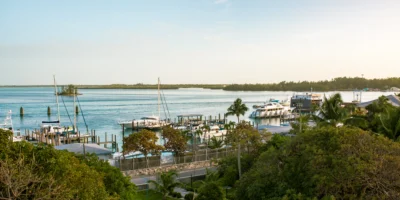 Kleine haven op Bimini met zeilboten, motorboten, kust en zee