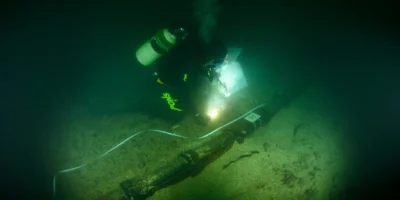 Duiker onderzoekt een begroeide onderzeese kabel op de zeebodem bij Paimpol-Bréhat