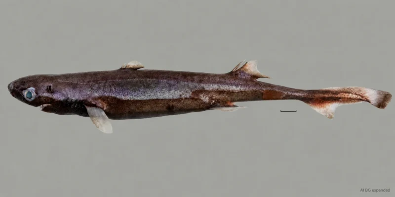 Verse vrouwelijke Etmopterus bulbosus met een bolle snuit, twee rugvinnen en schaalbalk; achtergrond met AI uitgebreid
